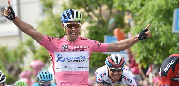 Australian  Australian rider Michael Matthews (L) of the Orica-GreenEdge team celebrates as he crosses the finish line to win the 3rd stage of the 98th Giro d'Italia from Rapallo to Sestri Levante, 11 May 2015. ANSA/DANIEL DAL ZENNARO