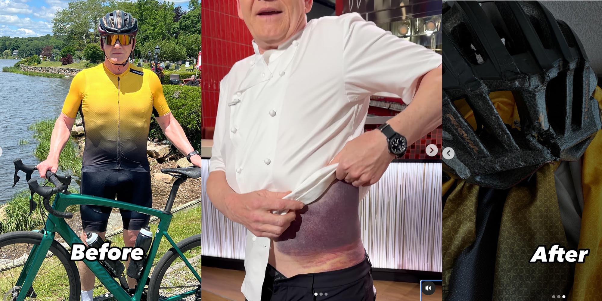 Topkok Gordon Ramsay overleeft ernstig ongeluk met racefiets: “Zie eruit als een paarse aardappel”