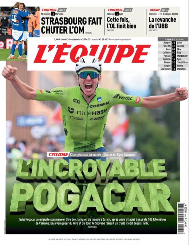 Tadej Pogacar als de Hulk: Sloveen siert de voorpagina’s daags na WK