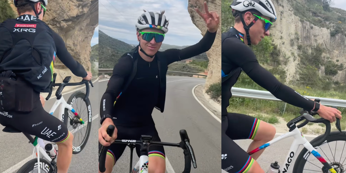 Tadej Pogacar toont zijn skills met lange wheelie op training