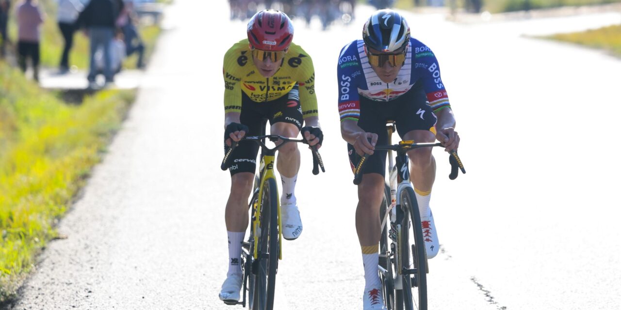 Evenepoel en Vingegaard heersen in Catalaanse waaiers, maar Godon wint na late val Evenepoel